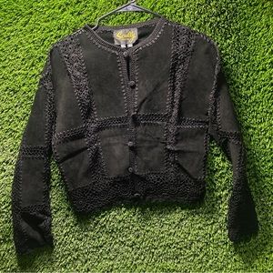 Scully Womens Suede Crochet Embroidered Jacket Size 6 Black Leather Button Coat